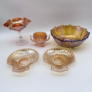 Lot Of 5 Marigold Carnival Glass,Scalloped & Sugar Bowl,2x Shell & Candy Dish